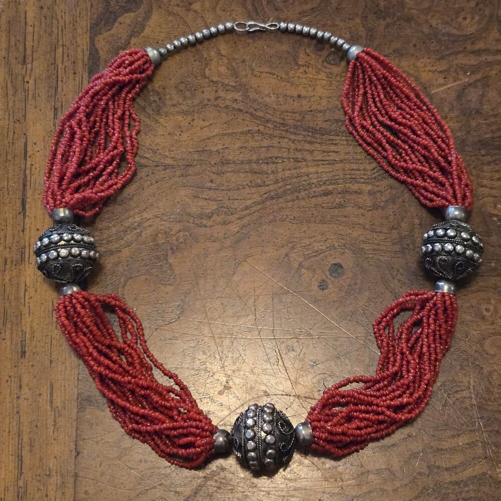 Vintage Tribal Multi Strand Red Seed Bead Statement Necklace Ethnic Silver Tone